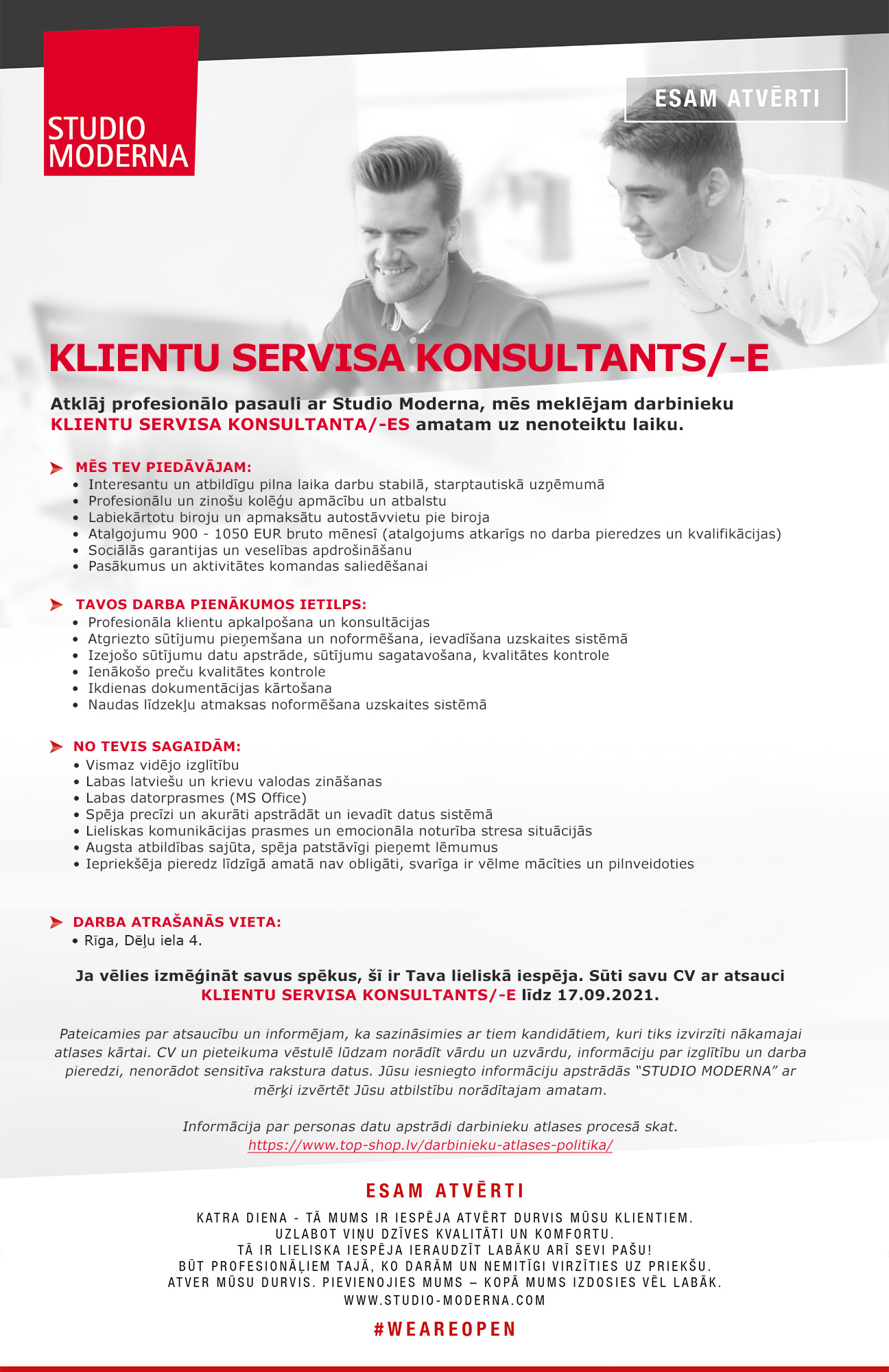 Vacancy - KLIENTU SERVISA KONSULTANTS/-E, SIA Studio Moderna | CV-Online