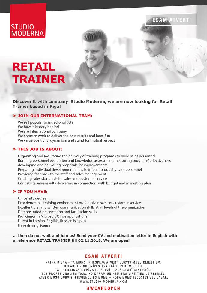 Vacancy - RETAIL TRAINER, Rīgas rajons, SIA Studio Moderna | CV-Online