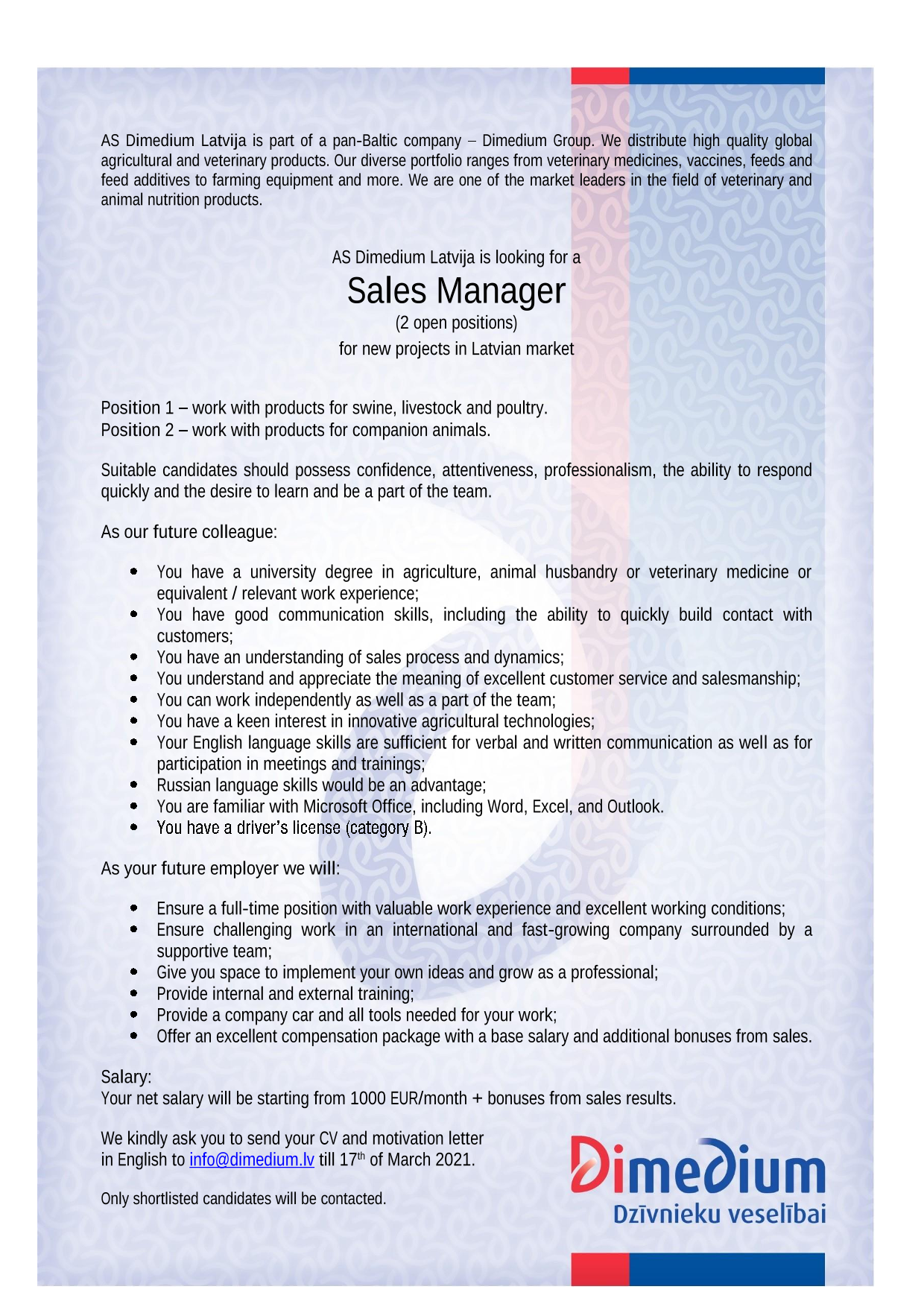 Vacancy - Sales Manager (2 positions), Dimedium Latvija AS | CV-Online